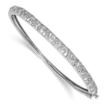 14k White Gold Swirl Design Complete 3/4 carat A Diamond Hinged Oval Bangle Bracelet