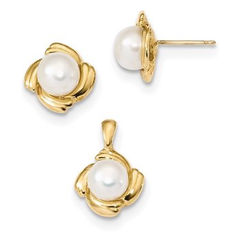 14k 6-7mm White Button Freshwater Cultured Pearl Post Earrings and Pendant Set