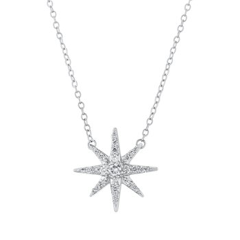 14K White Gold Necklace Starburst Pave Set Diamond 0.10 Ctw