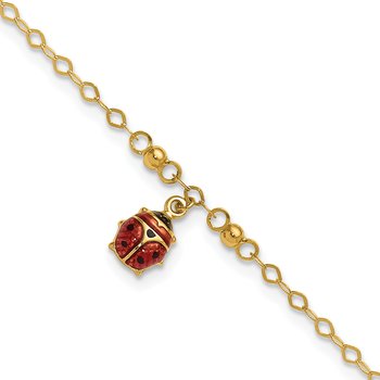 14K Red and Black Enameled Ladybug 9 inch Plus 1 inch Extender - Total 10 inch Anklet