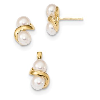 14k 5-6mm White Button Freshwater Cultured Pearl Post Earrings and Pendant Set
