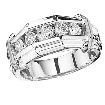 Shefian™ 14K White Gold Ring Men's 5 Stone Channel Set with Shoulder Tabs Diamond 1.00 Ctw