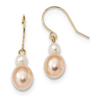 14k 7-8mm Pink Rice and White Round Freshwater Cultured Pearl Dangle Earrings
