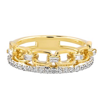 10K Yellow Gold Stacked Rings, 1 Chain Link, 1 Prong Set Diamond Ring 0.33 Ctw