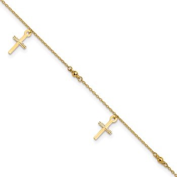 14k Diamond-cut 3 Cross Dangles and Beads 9 inch Plus 1 inch Extender - Total 10 inch Anklet