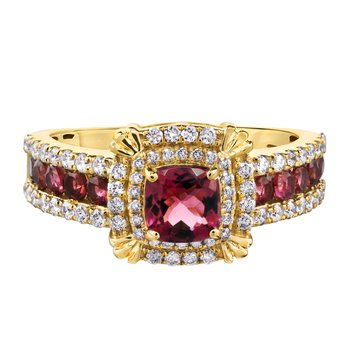 RedVelvet™ 14K Yellow Gold Color Center with Double Halo Channel Set Color Shoulders with Prong Set Rails Ring 1.49 Ctw Natural Rubellite
