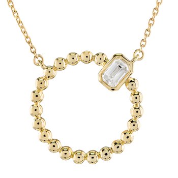 14K Yellow Gold Beaded Circle with Bezel Set Emerald Cut Diamond Necklace 0.20 Ctw