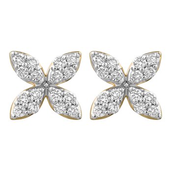 14K Yellow Gold Pave Set 4 Petals Studs Diamond Earrings 0.26 Ctw