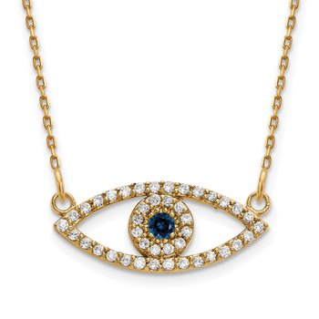 14k Polished 1/6 carat Diamond and Sapphire Small Evil Eye 18 inch Necklace