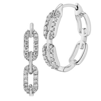 14K Two Tone Earrings Chain Link Hoops Pave Set Diamond 0.25 Ctw