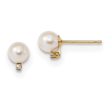14k 5-5.5mm White Round Freshwater Cultured Pearl and CZ Post Earrings