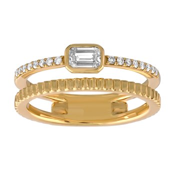 14K Yellow Gold 2 Row Emerald Cut Bezel Set 1 Row Pave 1 Row Textured Diamond Ring 0.35 Ctw