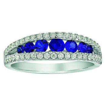 Majestic Gems™ 14k White Gold Graduating Color Channel Set with Prong Set Rails Blue Sapphire & Diamond 1.05 Ctw