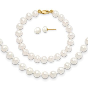 14k 5-6mm White Freshwater Cultured Pearl 5 inch Bracelet, 14 inch Necklace and Post Earrings Set