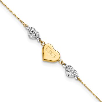 14K Two-tone Diamond-cut and MOM Puffed Heart 9 inch Plus 1 inch Extender - Total 10 inch Anklet