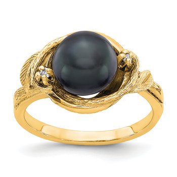 14k 7.5mm Black FW Cultured Pearl AAA Diamond ring