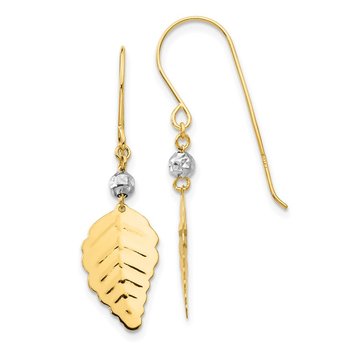 14K Two Tone Stamped Leaf Shepherd Hook Earrings