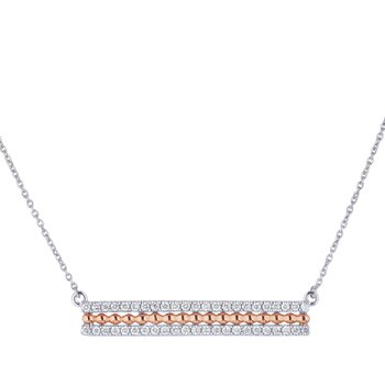 14K Two Tone Beaded Bar with Prong Set Diamond Each Side Necklace Diamond 0.33 Ctw