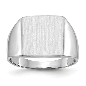 14k White Gold 13.0x13.5mm Open Back Satin Mens Signet Ring