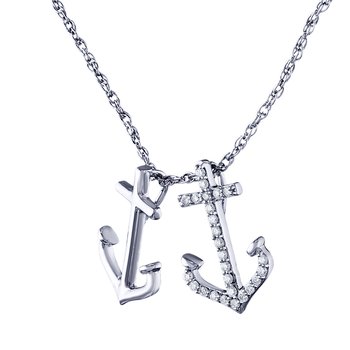 BluSea™ 14K White Gold Necklace Double Anchor One Pave One Polished Diamond 0.10 Ctw