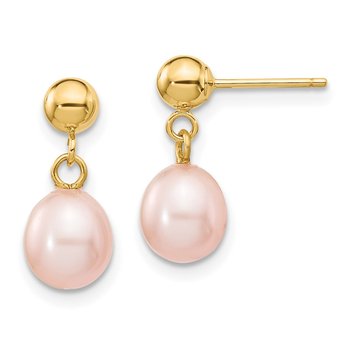 14k 6-7mm Pink Rice Freshwater Cultured Pearl Post Dangle Earrings