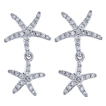 Oceanity™ 14K White Gold Earrings Double Starfish Stud with Drop Pave Set Diamond 0.50 Ctw