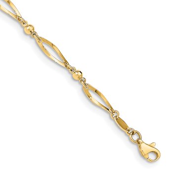 14k Polished Twisted Oval and Mirror Beads 9 inch Anklet