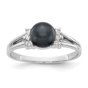 14k White Gold 6mm Black FW Cultured Pearl A Diamond ring