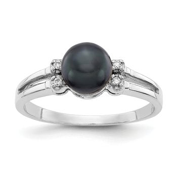 14k White Gold 6mm Black FW Cultured Pearl VS Diamond ring