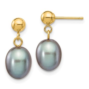 14k 7-8mm Grey Rice Freshwater Cultured Pearl Post Dangle Earrings