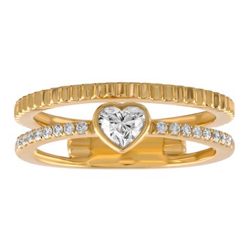 14K Yellow Gold 2 Row Heart Shape Bezel Set 1 Row Pave 1 Row Textured Diamond Ring 0.35 Ctw
