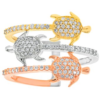 OCEANITY ™ 14k Two Tone Ring Pave Set 3 Turtles Wrap Diamond 0.40 Ctw