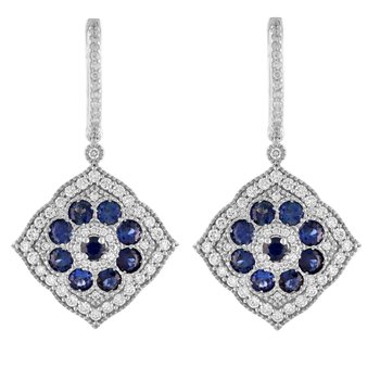 Vintage Treasures™ 14k White Gold Offset Square Sapphire with Halo Drops Lever-Backs Earrings Diamond & Blue Sapphire 2.20 Ctw