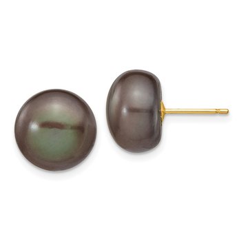14k 11-12mm Black Button Freshwater Cultured Pearl Stud Post Earrings