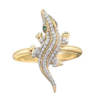 Oceanity™ 14K Yellow Gold Ring Pave Set Alligator Em. Eyes Plain Shank 70 Stones 1/4 Ctw Diamond 0.25 Ctw