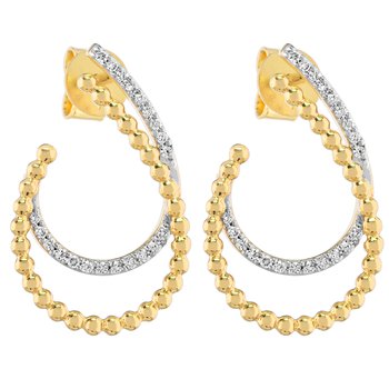 14K Yellow Gold Double Oval Shape Hoops 1 Row Beaded 1 Row Diamond Set Diamond Earrings 0.15 Ctw