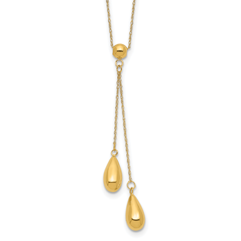 14k Polished Two Puffed Teardrop Beads 18 inch Lariat Necklace