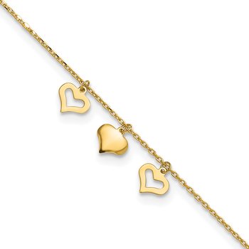 14k Three Heart Dangles 9 inch Plus 1 inch Extender - Total 10 inch Anklet