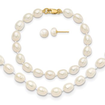 14k 5-6mm White Freshwater Cultured Pearl 5 inch Bracelet, 14 inch Necklace and Post Earrings Set