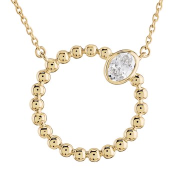 14K Yellow Gold Beaded Circle with Bezel Set Oval Diamond Necklace 0.20 Ctw
