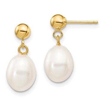 14k 7-8mm White Rice Freshwater Cultured Pearl Post Dangle Earrings