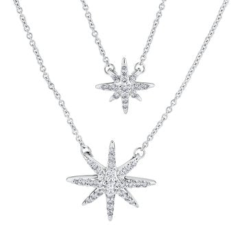 14K White Gold Necklace 2 Layered Pave Starburst Diamond 0.33 Ctw
