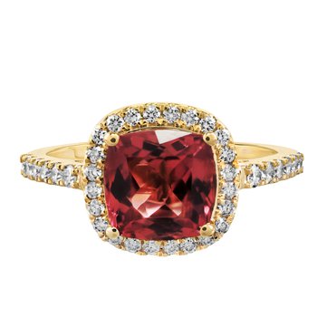 RedVelvet™ 14K Yellow Gold Cushion Halo with Prong Set Shoulders Ring 2.85 Ctw Natural Rubellite