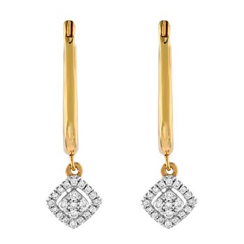 14K Yellow Gold Offset Square Drops on Plain Hoops Diamond Earrings 0.17 Ctw