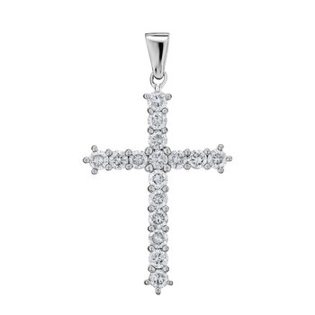 14K White Gold Pendant 16 Stone Prong Set Cross with Polished Bail Diamond 1.00 Ctw
