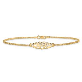 14k Polished Filigree Heart and Bismark Chain 10 inch Anklet