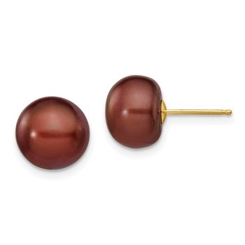 14k 9-10mm Brown Button Freshwater Cultured Pearl Stud Post Earrings