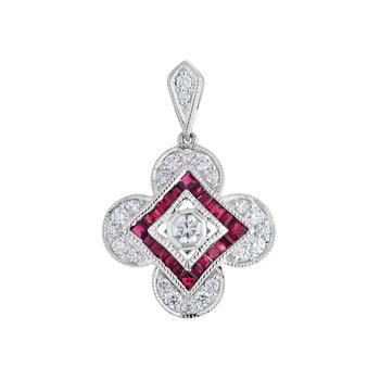 Vintage Treasures™ 14k White Gold Clover Shaped with Offset Contrasting Square Center Pendant Diamond & Ruby 1.07 Ctw