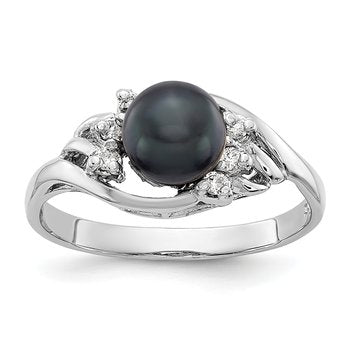 14k White Gold 6mm Black FW Cultured Pearl AA Diamond ring