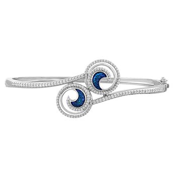 Oceanity™ 14K White Gold Bangle Enamel Bypass with 2 Waves in Circles with Pave Diamonds Diamond 0.70 Ctw